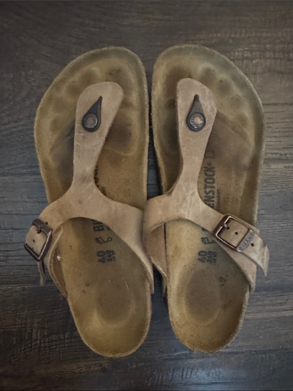 Birkenstock Brown Oiled Leather T-Strap Sandals with Bronze Buckle